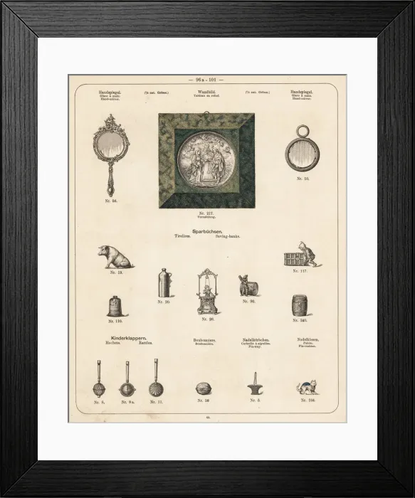 Framed Print : Hand mirror, rattle, pintray, pin cushion, saving bank, etc Framed Print : Hand mirror, rattle, pintray, pin cushion, saving bank, etc