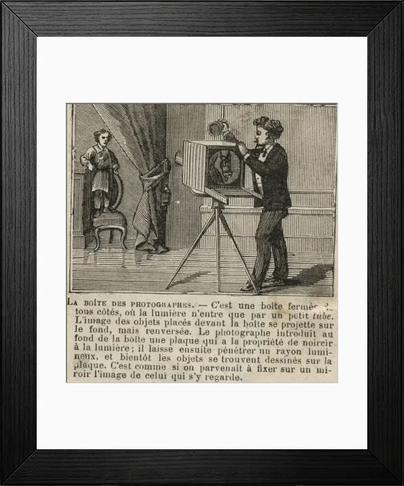 Framed Print : Man stands on chair to have portrait photographed Framed Print : Man stands on chair to have portrait photographed
