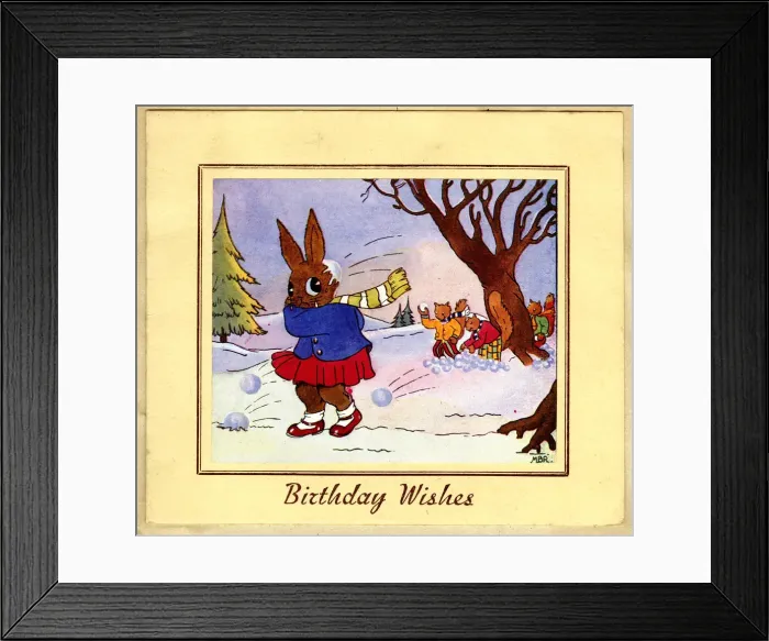 Framed Print : Birthday Card, rabbit snowballed by squirrels Framed Print : Birthday Card, rabbit snowballed by squirrels