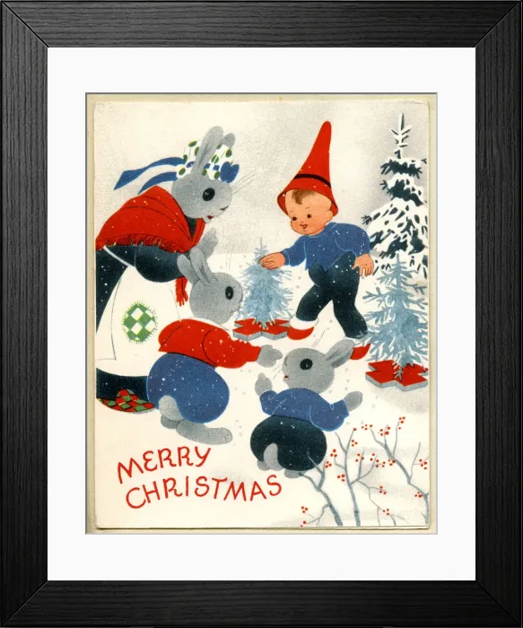Framed Print : Christmas card, Pixie and Bunny Rabbits in Snow Framed Print : Christmas card, Pixie and Bunny Rabbits in Snow