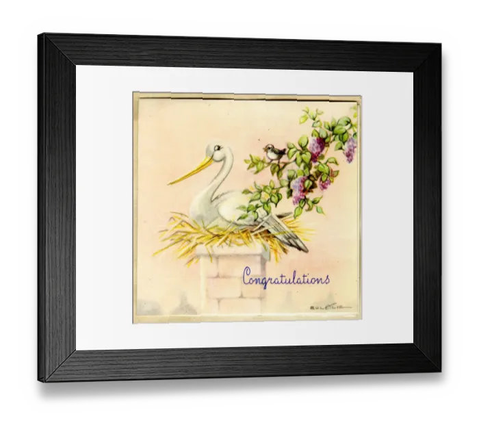 Framed Print : Congratulations card, Stork on her nest