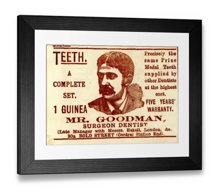 Framed Print : Advert, Mr Goodman, Surgeon Dentist, dentures Framed Print : Advert, Mr Goodman, Surgeon Dentist, dentures
