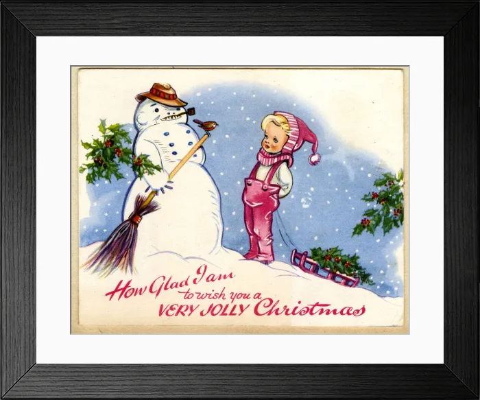 Framed Print : Christmas card, Girl talking to snowman Framed Print : Christmas card, Girl talking to snowman