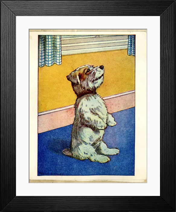 Framed Print : Greetings card, Terrier dog sitting up and begging Framed Print : Greetings card, Terrier dog sitting up and begging