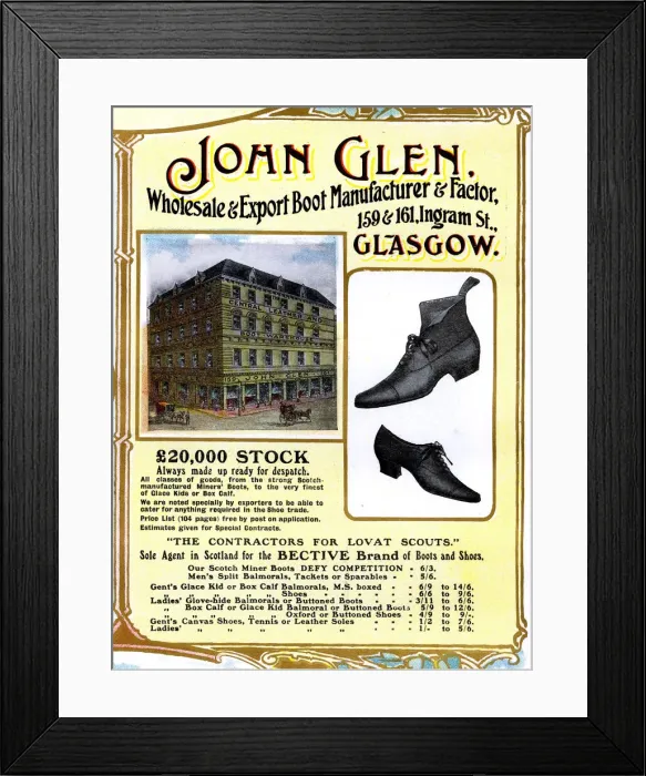 Framed Print : Advert, John Glen, Shoe and Boot Manufacturers, Glasgow Framed Print : Advert, John Glen, Shoe and Boot Manufacturers, Glasgow