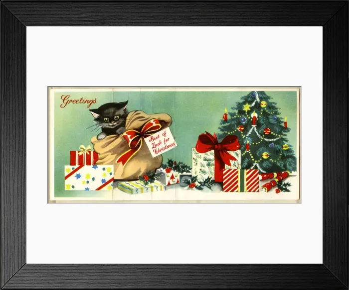 Framed Print : Christmas card, Black kitten in a sack Framed Print : Christmas card, Black kitten in a sack