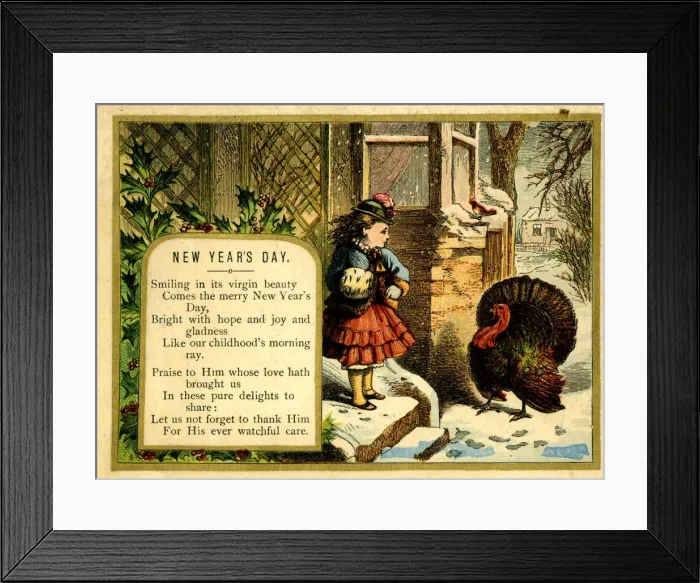 Framed Print : New Year card, girl and turkey in the snow Framed Print : New Year card, girl and turkey in the snow