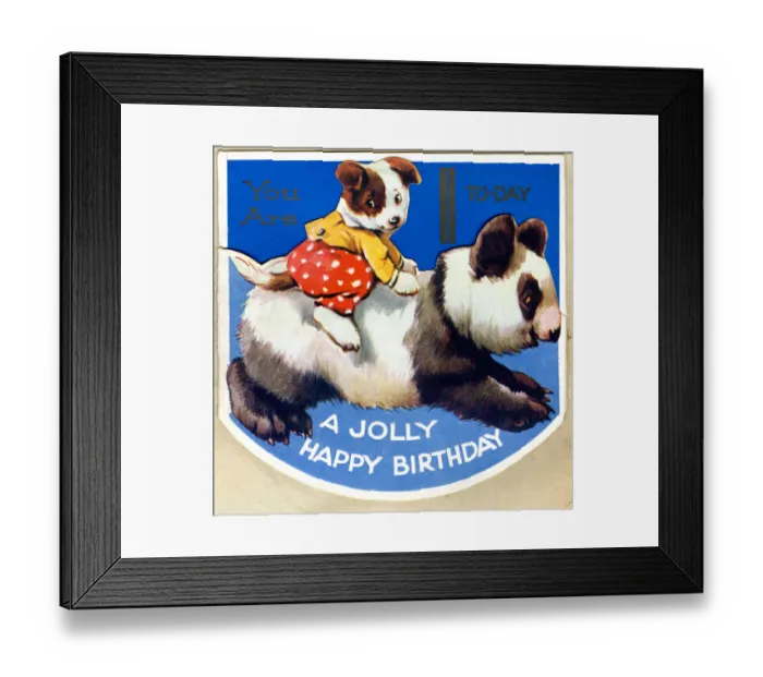 Framed Print : Birthday card, Puppy riding on a panda Framed Print : Birthday card, Puppy riding on a panda