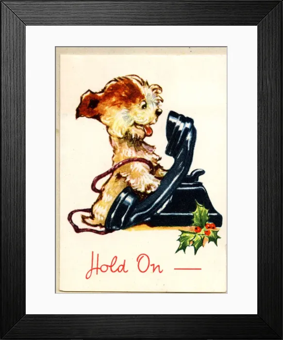 Framed Print : Christmas Card, Puppy with telephone Framed Print : Christmas Card, Puppy with telephone