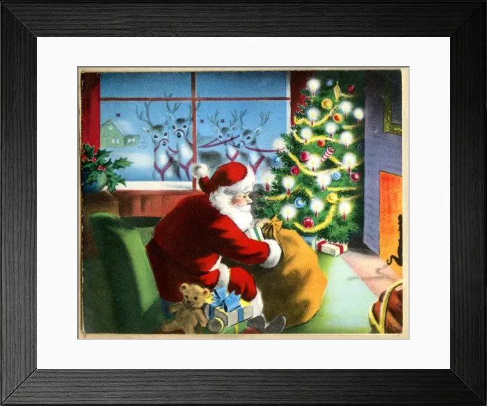 Framed Print : Christmas card, Santa Claus delivering presents Framed Print : Christmas card, Santa Claus delivering presents
