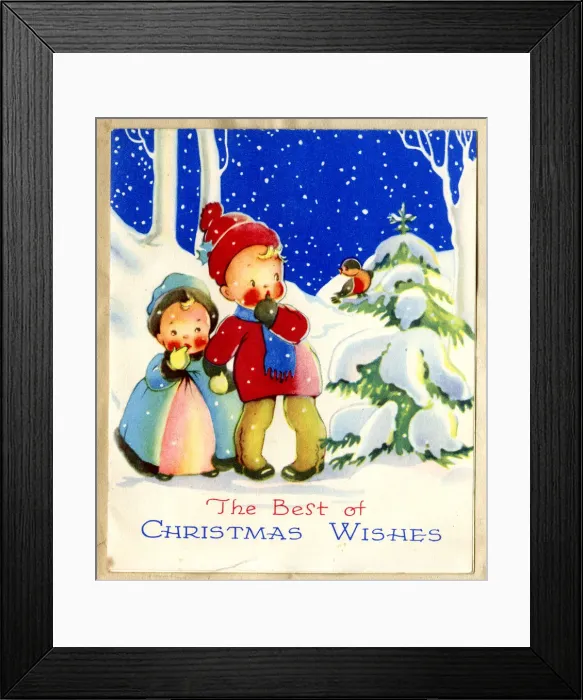 Framed Print : Christmas card, Children in the snow looking at a robin Framed Print : Christmas card, Children in the snow looking at a robin