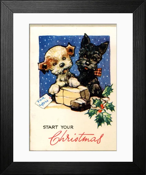 Framed Print : Christmas card, Two puppies with parcels Framed Print : Christmas card, Two puppies with parcels