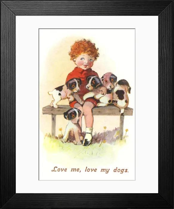 Framed Print : Boy with his puppies