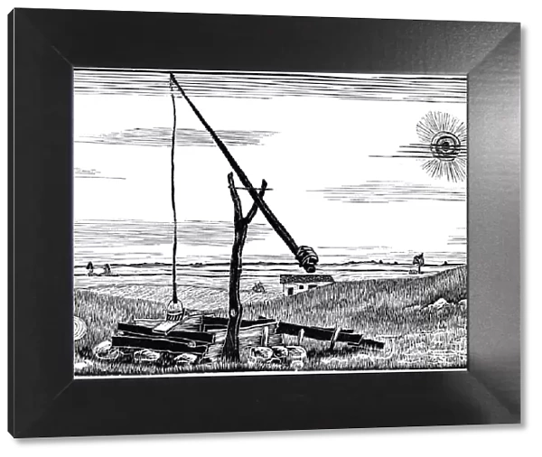 Well. Engraving of a primitive well in a flat landscape. Date: 1924