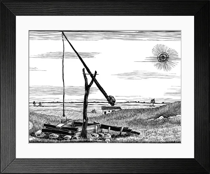 Framed Print : Well. Engraving of a primitive well in a flat landscape. Date: 1924 Framed Print : Well. Engraving of a primitive well in a flat landscape. Date: 1924