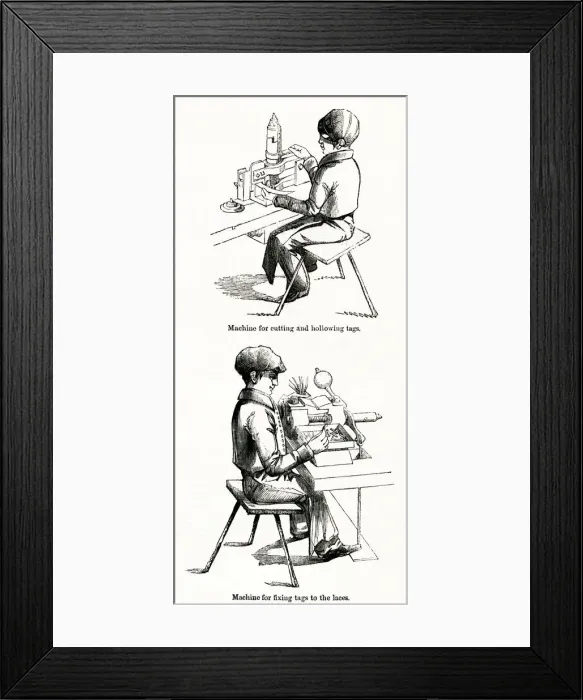 Framed Print : Making bootlaces with brass tags at the Old Silk Mill, Derby