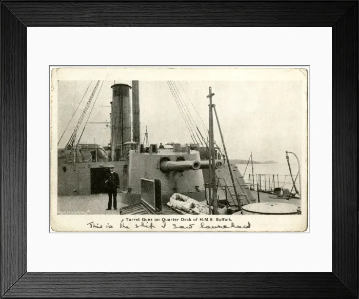 Framed Print : HMS Suffolk, British cruiser, turret guns on quarter deck Framed Print : HMS Suffolk, British cruiser, turret guns on quarter deck