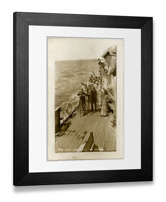 Framed Print : HMS Cardiff, British cruiser, with film crew at work on deck Framed Print : HMS Cardiff, British cruiser, with film crew at work on deck