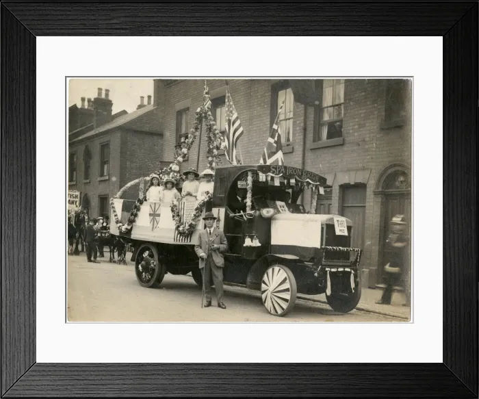 Framed Print : Delivery van as carnival float, Manchester Street, Derby Framed Print : Delivery van as carnival float, Manchester Street, Derby