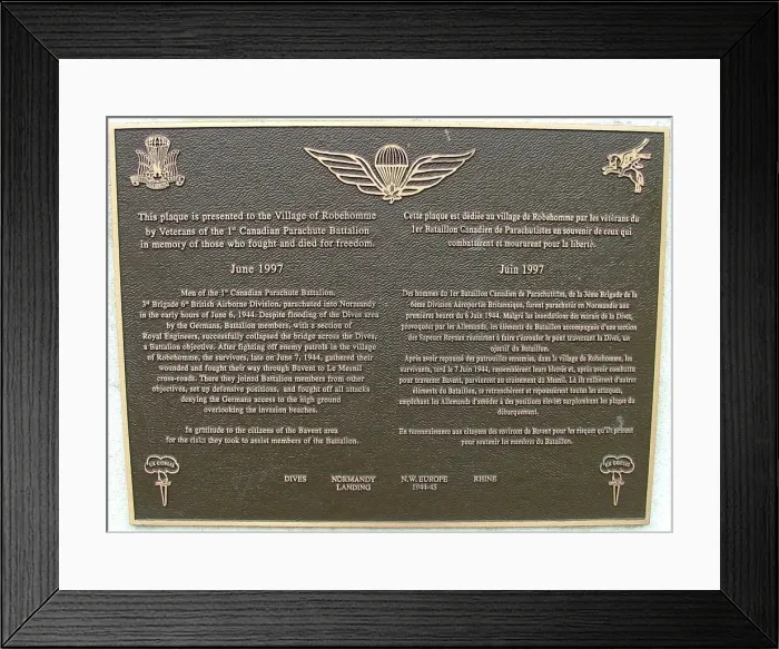 Framed Print : Wall Plaque to Canadian 1st Parachute Bn, Normandy Framed Print : Wall Plaque to Canadian 1st Parachute Bn, Normandy
