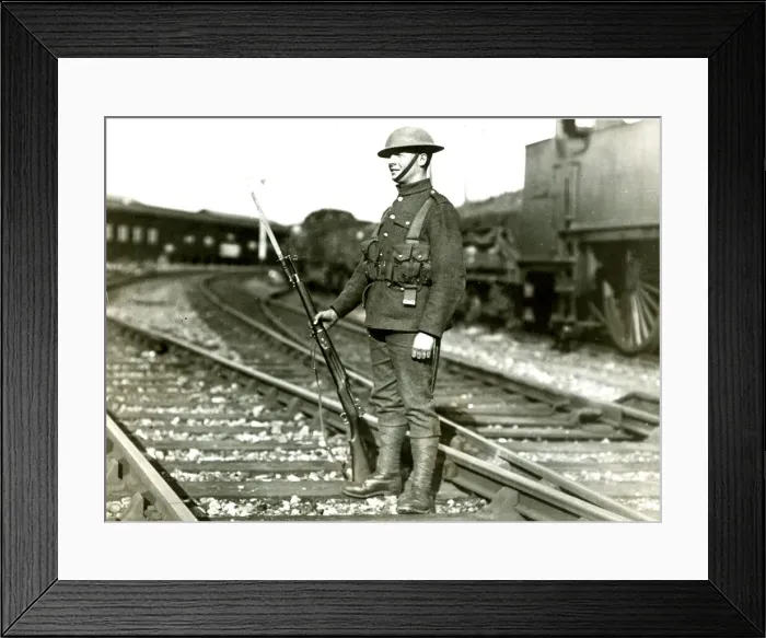 Framed Print : Soldier guarding line at Slough during railway strike Framed Print : Soldier guarding line at Slough during railway strike