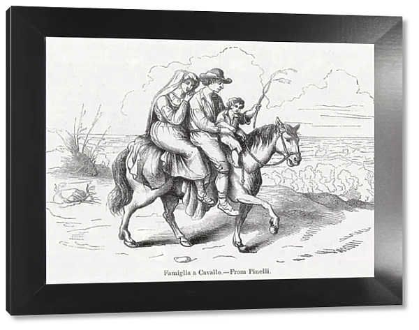 Roman family of three travelling on horseback, Italy