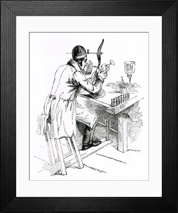 Framed Print : Scene in a Flint Glass Factory, glass engraver at work Framed Print : Scene in a Flint Glass Factory, glass engraver at work