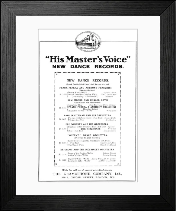 Framed Print : Advert for His Masters Voice new dance records, London Framed Print : Advert for His Masters Voice new dance records, London