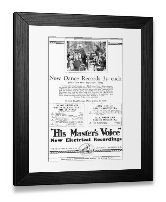 Framed Print : Advert for His Masters Voice for new dance records, London Framed Print : Advert for His Masters Voice for new dance records, London