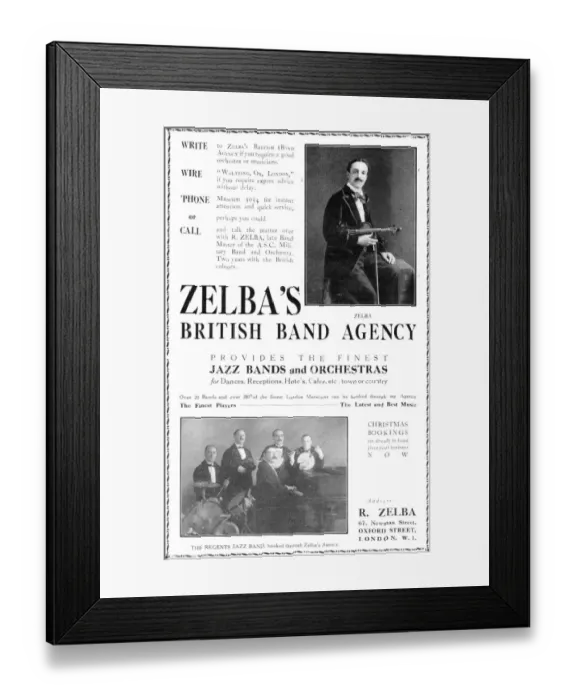 Framed Print : Advert for Zelbas British Band Agency, London, 1919 Framed Print : Advert for Zelbas British Band Agency, London, 1919