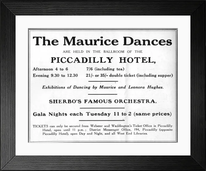 Framed Print : Advert for Maurice Dances at the Piccadilly Hotel, London Framed Print : Advert for Maurice Dances at the Piccadilly Hotel, London