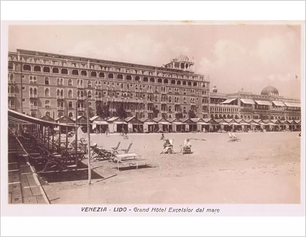 A view of the Hotel Excelsior from the Lido beach, 1920s
