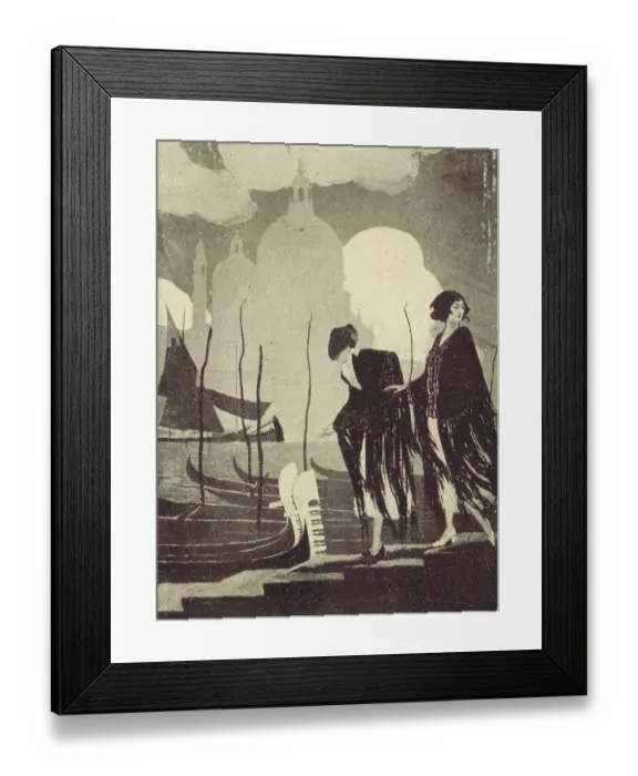 Framed Print : An art deco sketch of two women entering a gondola in Venice Framed Print : An art deco sketch of two women entering a gondola in Venice