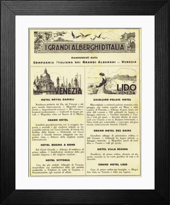 Framed Print : Advertisement for the main Hotels in Venice and the Lido Framed Print : Advertisement for the main Hotels in Venice and the Lido