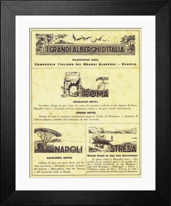 Framed Print : Advertisement for hotels in Rome, Naples and Stresa, 1924 Framed Print : Advertisement for hotels in Rome, Naples and Stresa, 1924