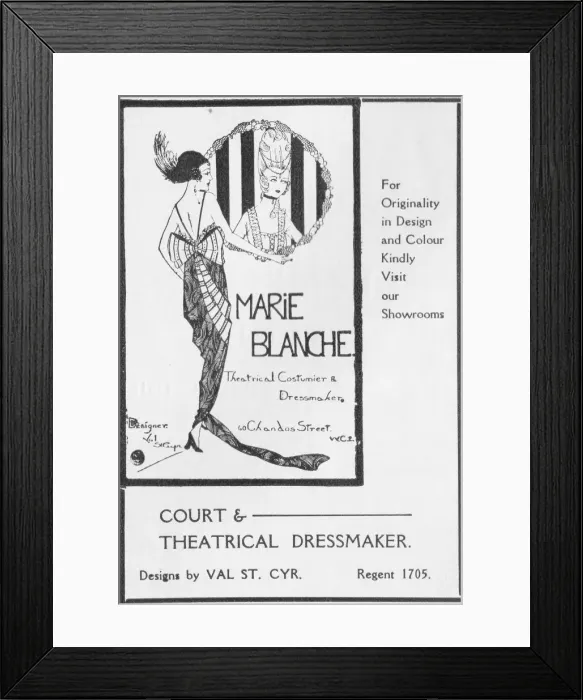 Framed Print : Advert for the London costumier Marie Blanche, London, 1920s Framed Print : Advert for the London costumier Marie Blanche, London, 1920s