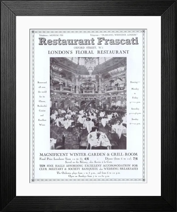 Framed Print : Advert for Frascati restaurant, Oxford Street, London, 1925 Framed Print : Advert for Frascati restaurant, Oxford Street, London, 1925
