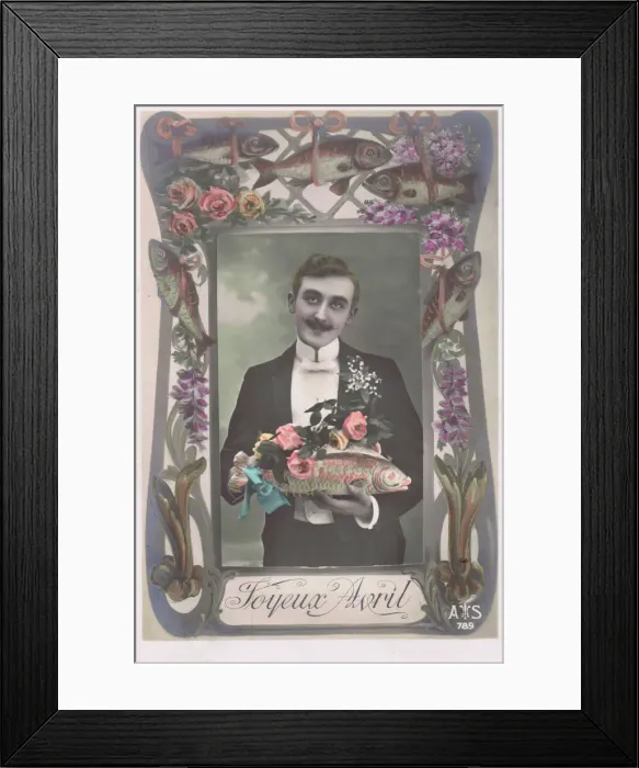 Framed Print : Art deco Joyeux Avril postcard featuring gourmet fish Framed Print : Art deco Joyeux Avril postcard featuring gourmet fish