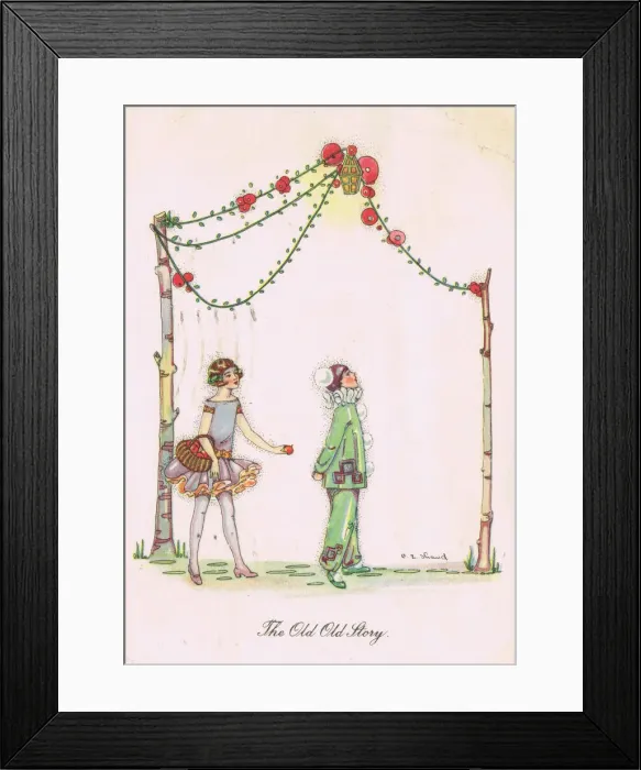 Framed Print : Girl giving a boy and apple with caption The Old Old Story Framed Print : Girl giving a boy and apple with caption The Old Old Story
