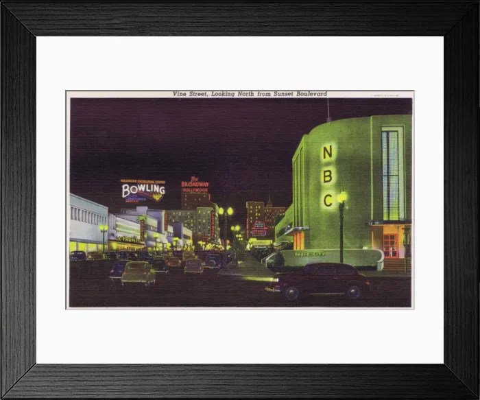Framed Print : Postcard showing Vine Street at night looking North Framed Print : Postcard showing Vine Street at night looking North
