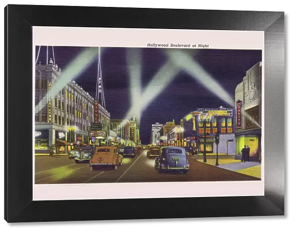 Postcard showing Hollywood Boulevard at Night, 1930s
