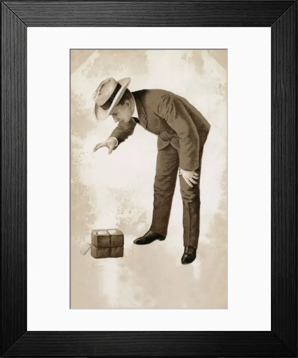 Framed Print : Chap delighted with his parcel (Peak Freans Biscuit Box!) Framed Print : Chap delighted with his parcel (Peak Freans Biscuit Box!)