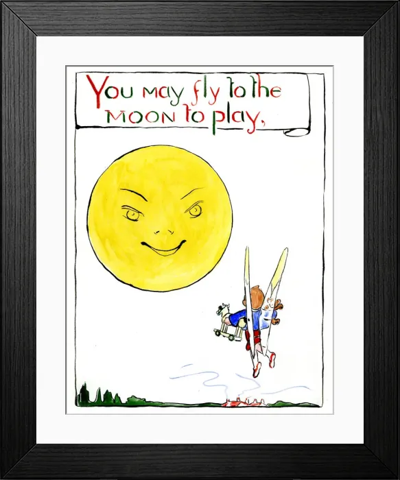 Framed Print : You may fly to the moon to play, by Minnie Asprey Framed Print : You may fly to the moon to play, by Minnie Asprey