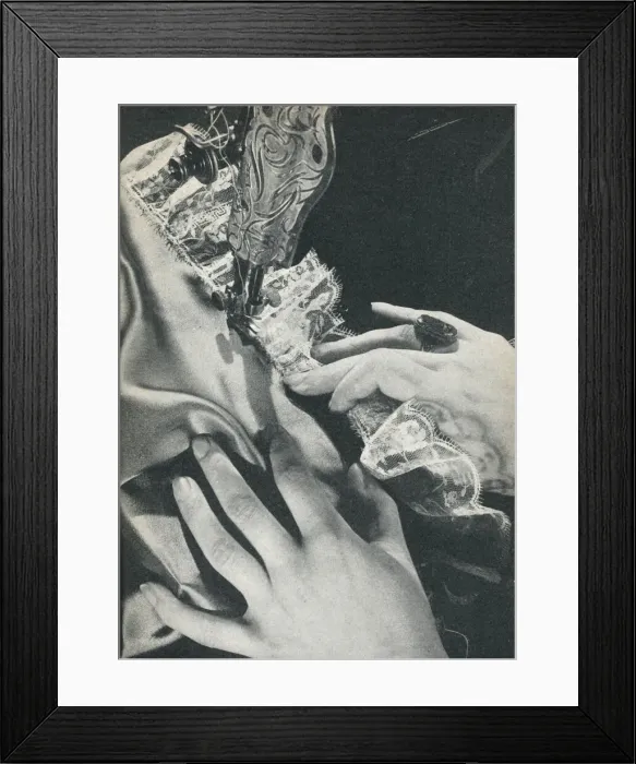 Framed Print : Using a sewing machine to attach a lacy edging Framed Print : Using a sewing machine to attach a lacy edging