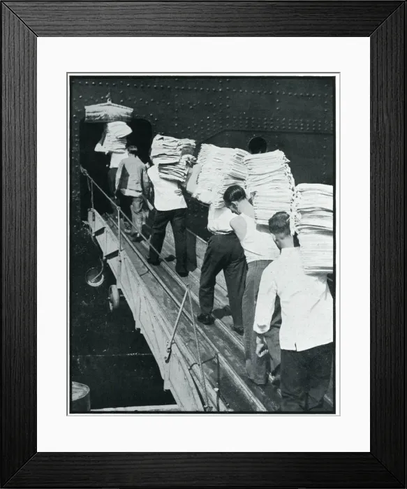 Framed Print : Extra bedding loaded onto Queen Mary ship, September 1939 Framed Print : Extra bedding loaded onto Queen Mary ship, September 1939