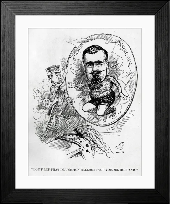 Framed Print : Cartoon, Mr Holland and the injunction balloon Framed Print : Cartoon, Mr Holland and the injunction balloon