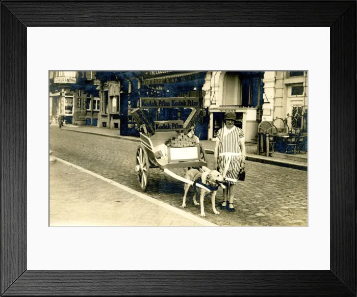 Framed Print : Dog cart with Kodak Girl in striped dress Framed Print : Dog cart with Kodak Girl in striped dress