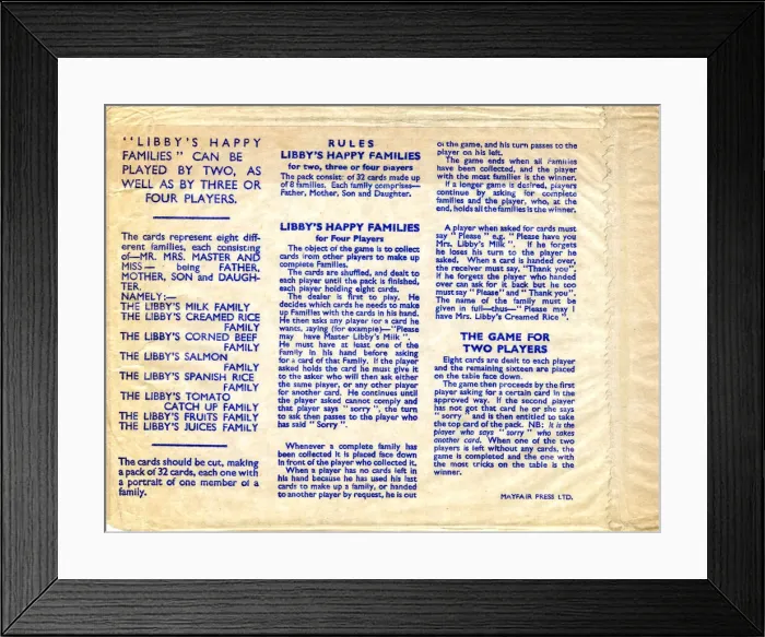 Framed Print : Libbys Happy Families Card Game Rules Framed Print : Libbys Happy Families Card Game Rules
