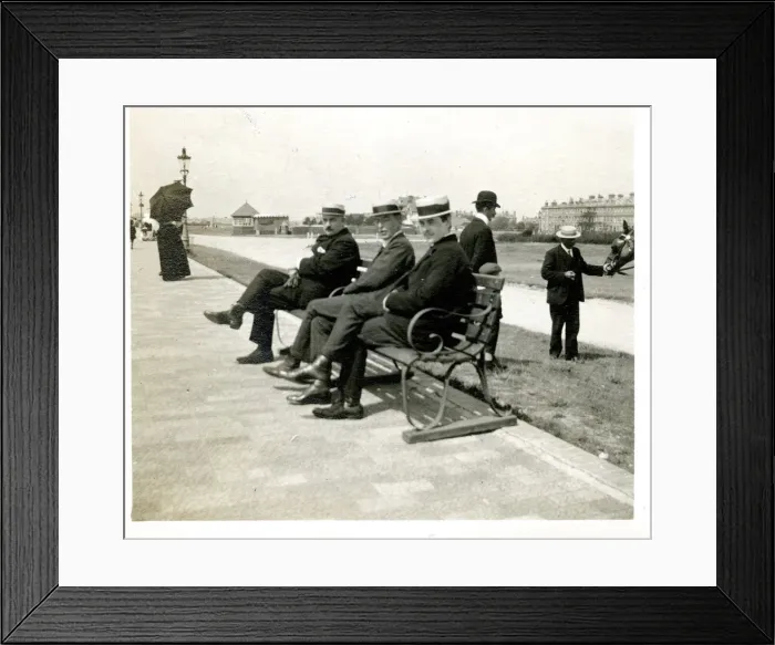 Framed Print : Three men on a bench, Littlehampton, West Sussex Framed Print : Three men on a bench, Littlehampton, West Sussex
