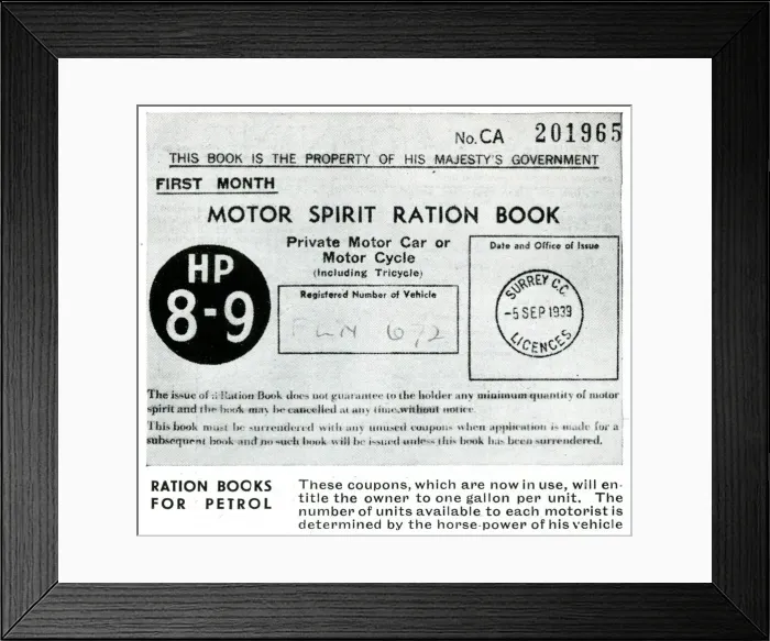 Framed Print : Motor spirit ration book front cover, September 1939 Framed Print : Motor spirit ration book front cover, September 1939